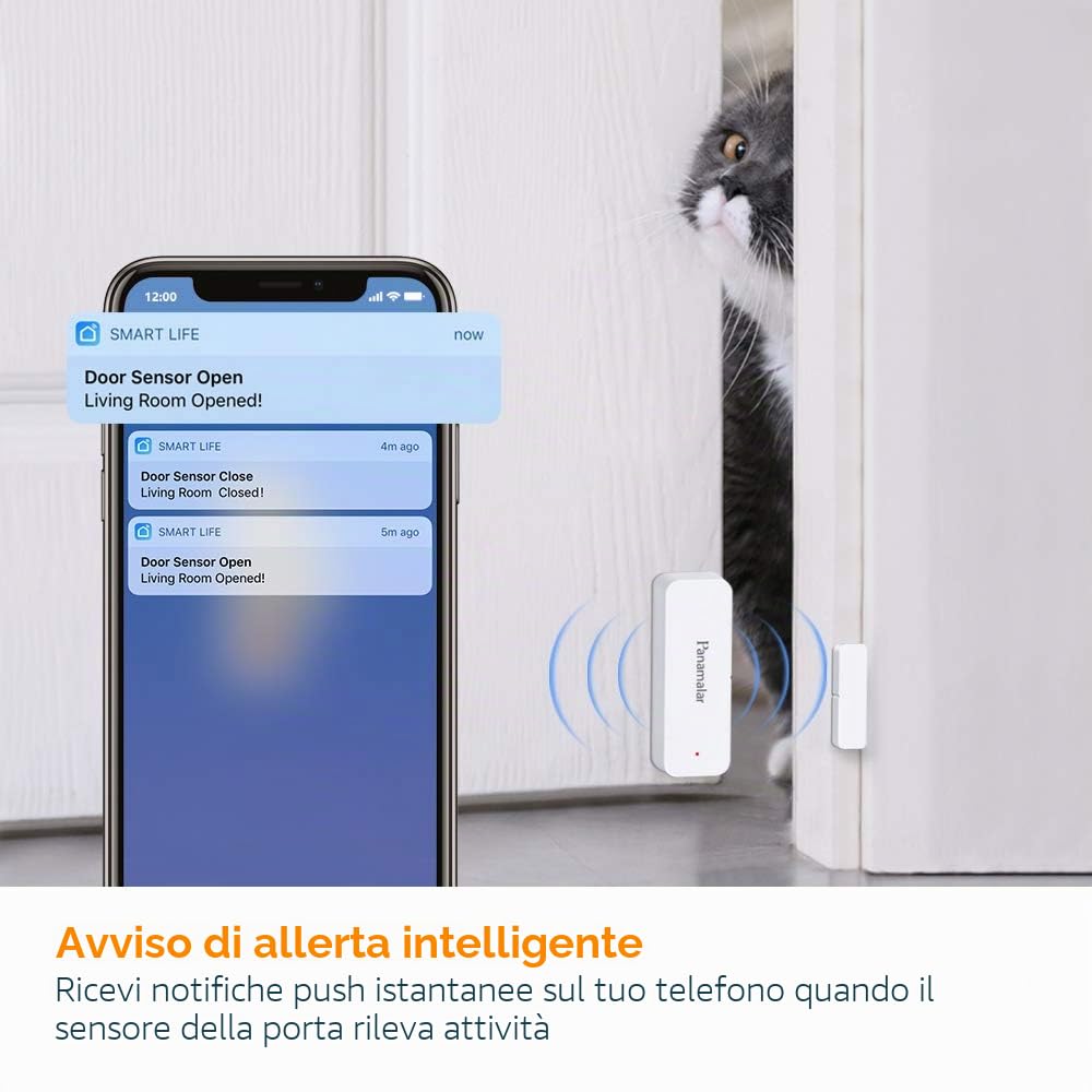PANAMALAR 4Packs Sensore per Porte e Finestre WiFi, Rilevamento Intelligente dello Stato della Porta, Invia Avviso al Telefono,Funziona con Alexa Google Home, Accessorio per Dispositivo Smart Home