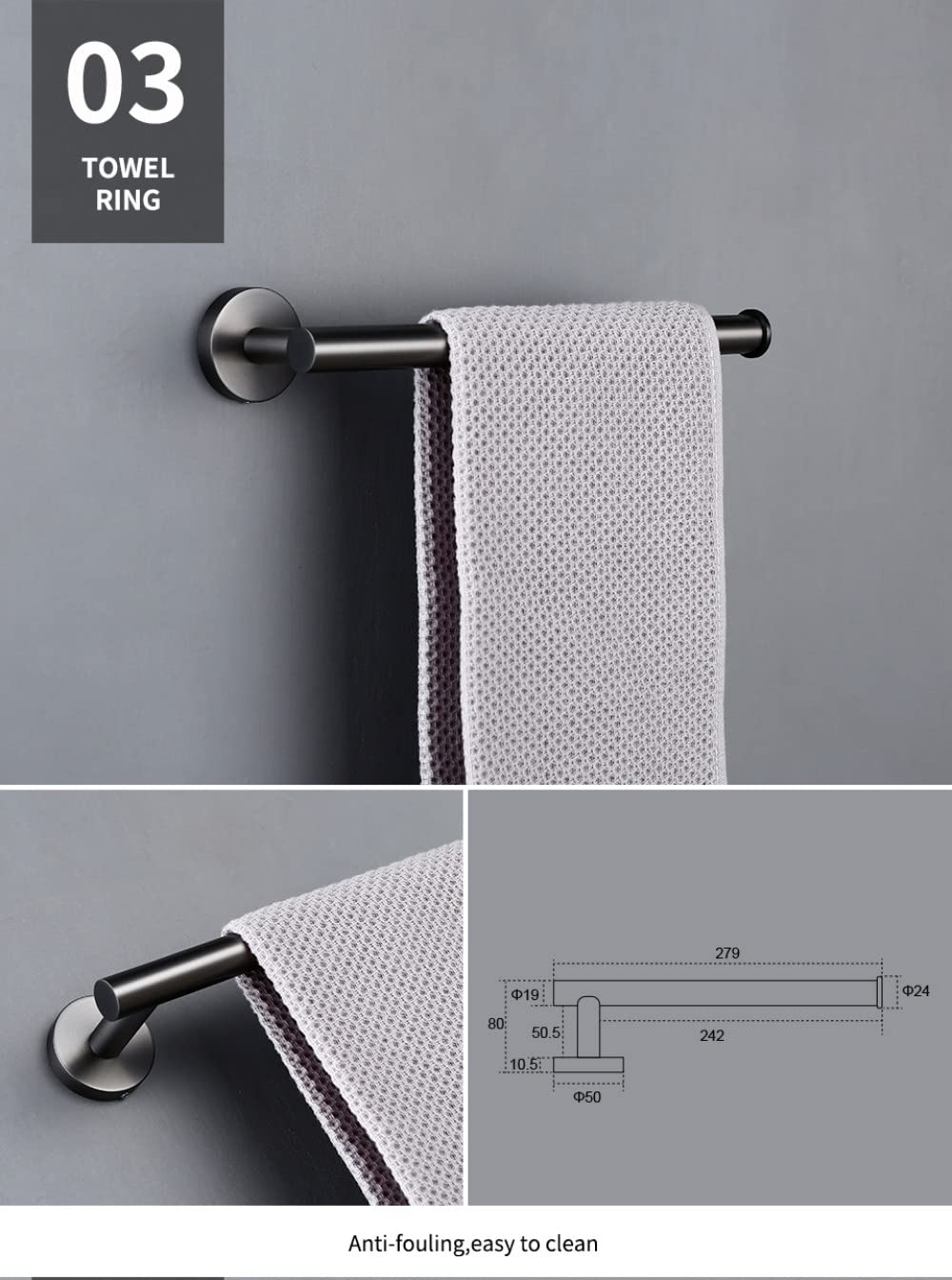 Conjuntos de Accesorios de baño Cromo Negro Mate Oro Cepillado Gancho para Bata Barra para Toalla Soporte para Papel Acero Inoxidable, Anillo para Toalla BG, 1