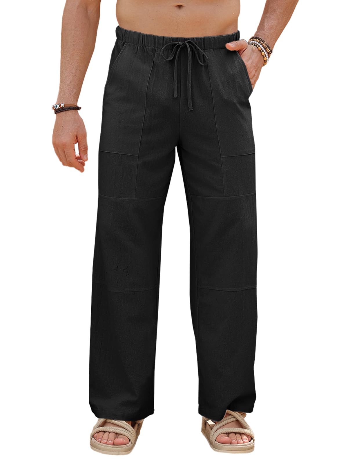 PASLTERMens Cotton Linen Pants Casual Drawstring Elastic Waist Loose Fit Beach Yoga Pants with Pockets