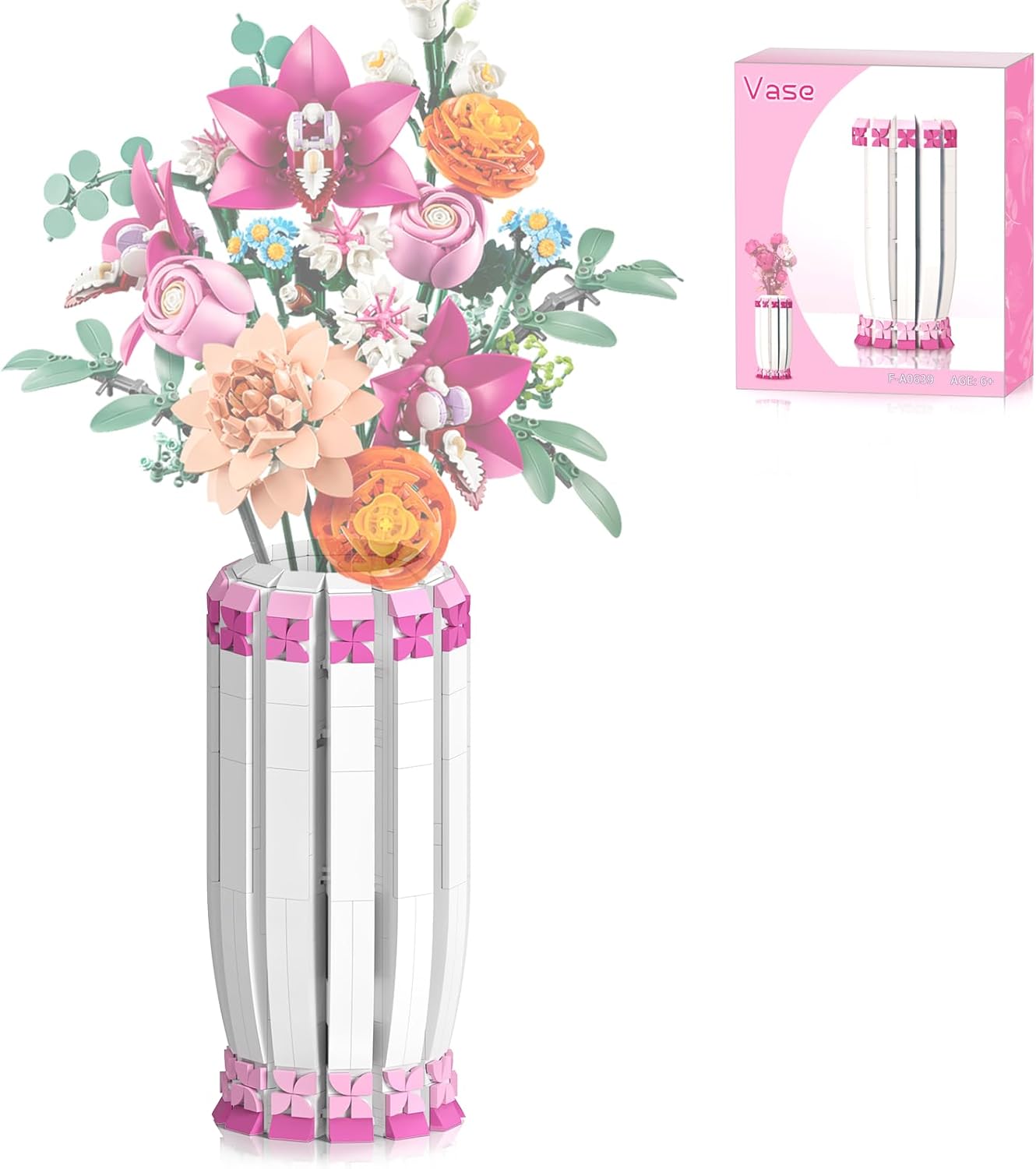 aphpaio Pink Vase for Flower Sets 10347, 10280, 10328, 10342, Perfect for Displaying Artificial Flowers, Valentine's Day for Women, Girls, and Adults (Vase Only)