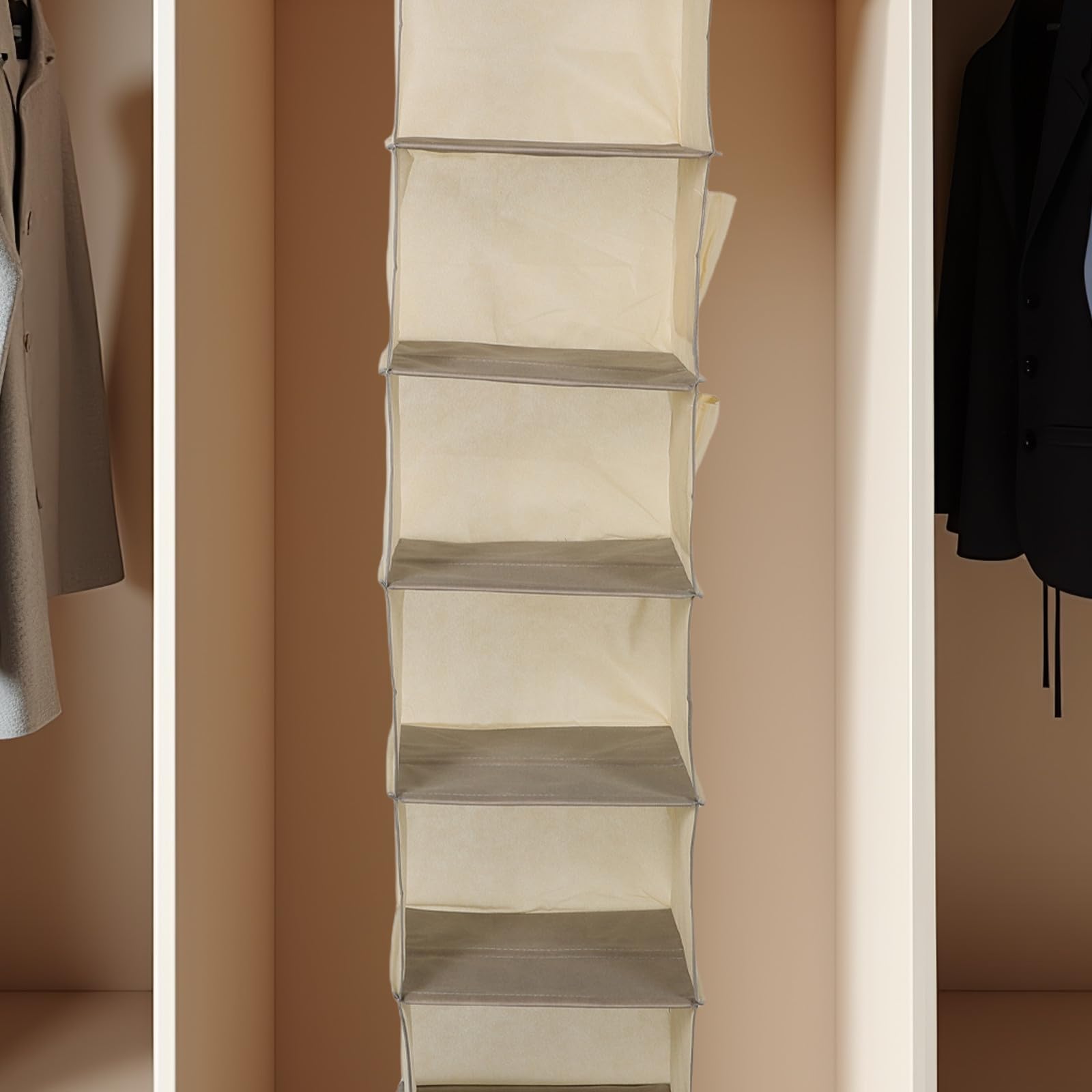 YARNOW Organizzatore Appendibile per Armadio Non Tessuto Beige, 6 Ripiani Separati Aperture Rinforzate, Struttura Robusta per Sostenere Capi Pesanti, per Guardaroba e Ingresso