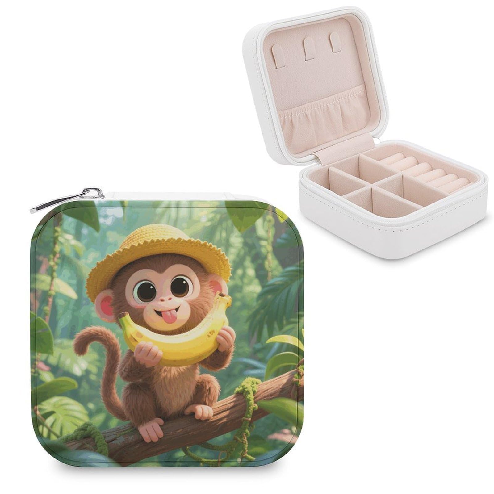 VstaDank Cute Monkeys Jewelry Box for Women Jewelry Organizer Storage Case with Zipper Mini Travel Jewelry Case Cute Trinket Organizer Leather Portable Jewelry Storage Box