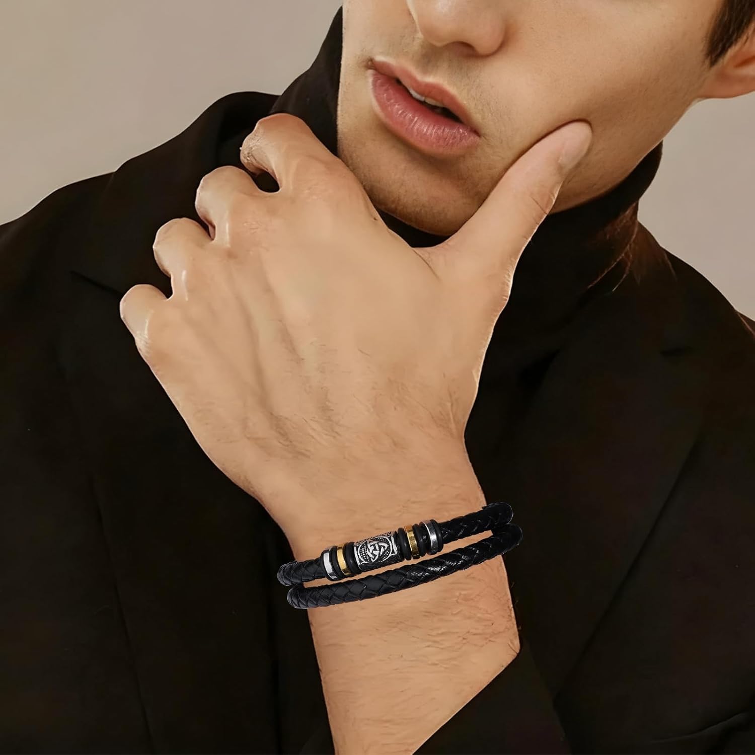 Mens Leather Bracelet,Black Stainless Steel Double-Row Braided Black Stainless Steel Love You Forever Engraved,Men Valentines Day Ideal Gift for Son & Grandson - Image 3