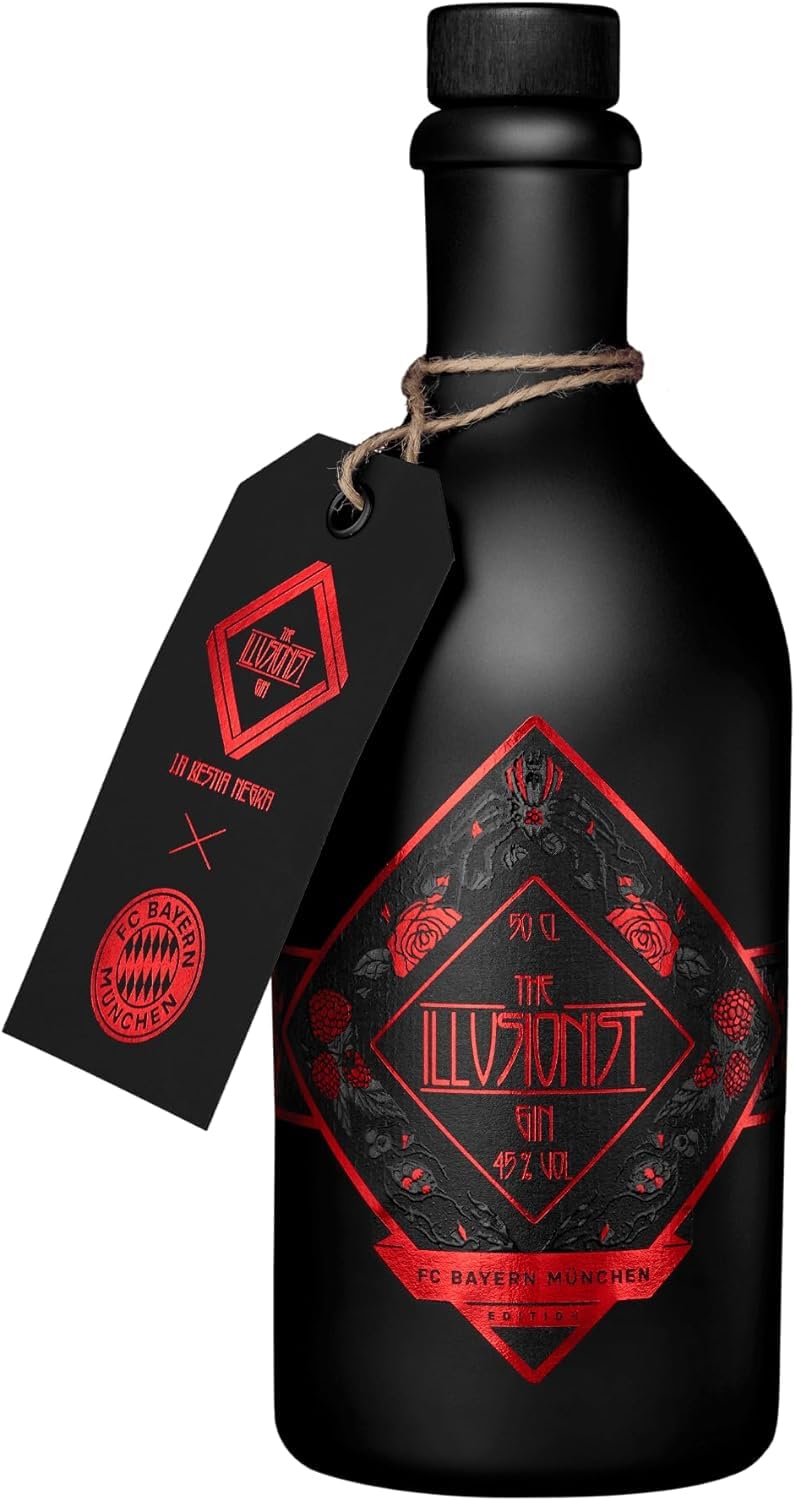 The Illusionist Gin & Tonic, Set di 6 Bicchieri FC Bayern München Edition, 250ml + The Illusionist Gin FC Bayern Munich Edition, 500ml, 45% Vol, Cambiamento di Colore da Nero a Rosso, La Bestia Negra