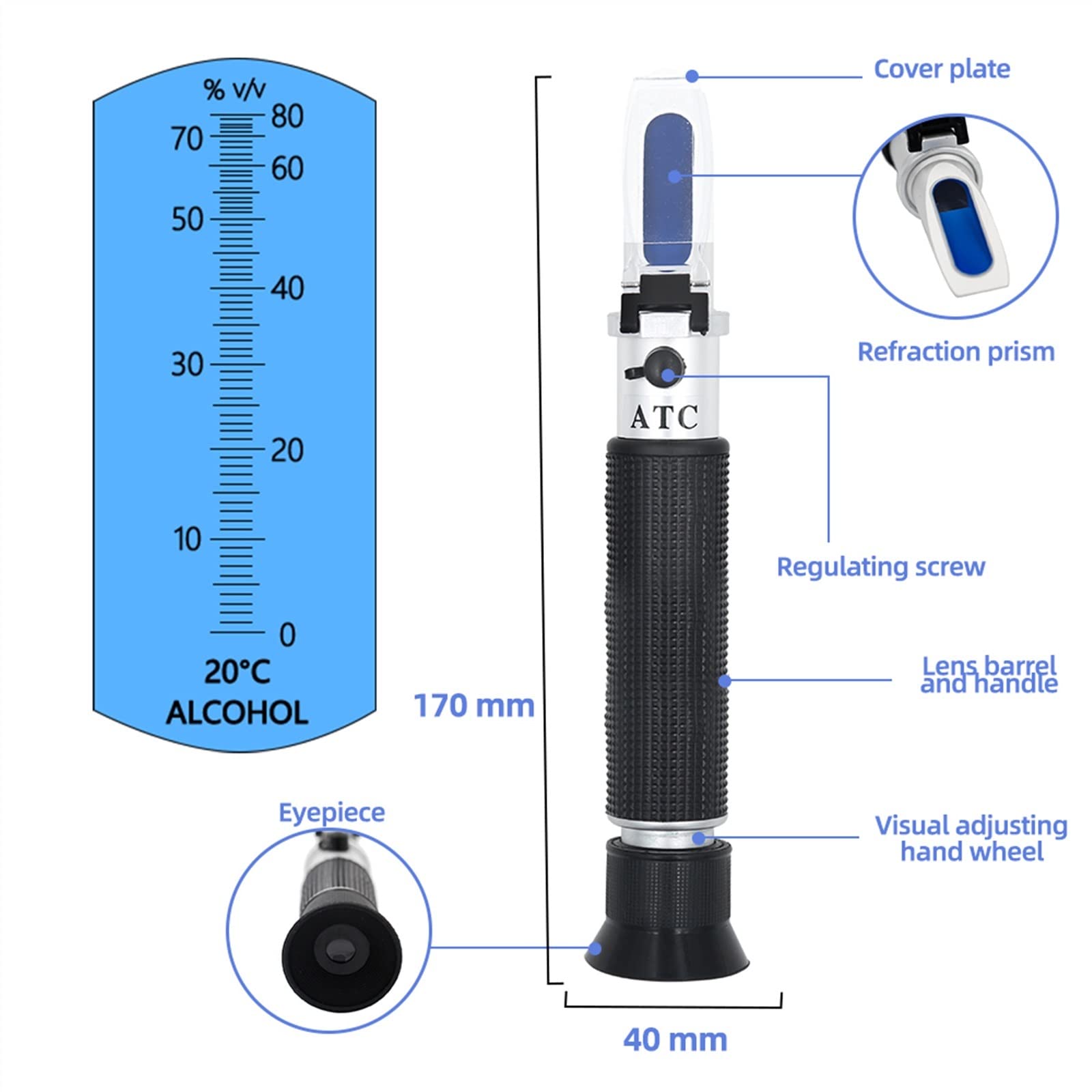 Refraktometer Alkoholometer Alkoholmessgerät 0~80% V/V ATC Wodka Whisky Alkoholprozent Werkzeuge Hydrometer Konzentration Spirituosen(Red)