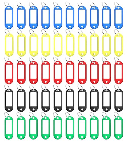 Ubitree 50 Pièces Porte Clef Etiquette in Plastique, 5 Couleurs Porte Clés Pnscriptibles et Anneau Supplémentaires, Porte Clés Etiquette pour D'identification, Animaux de Compagnie, Bagages Cover