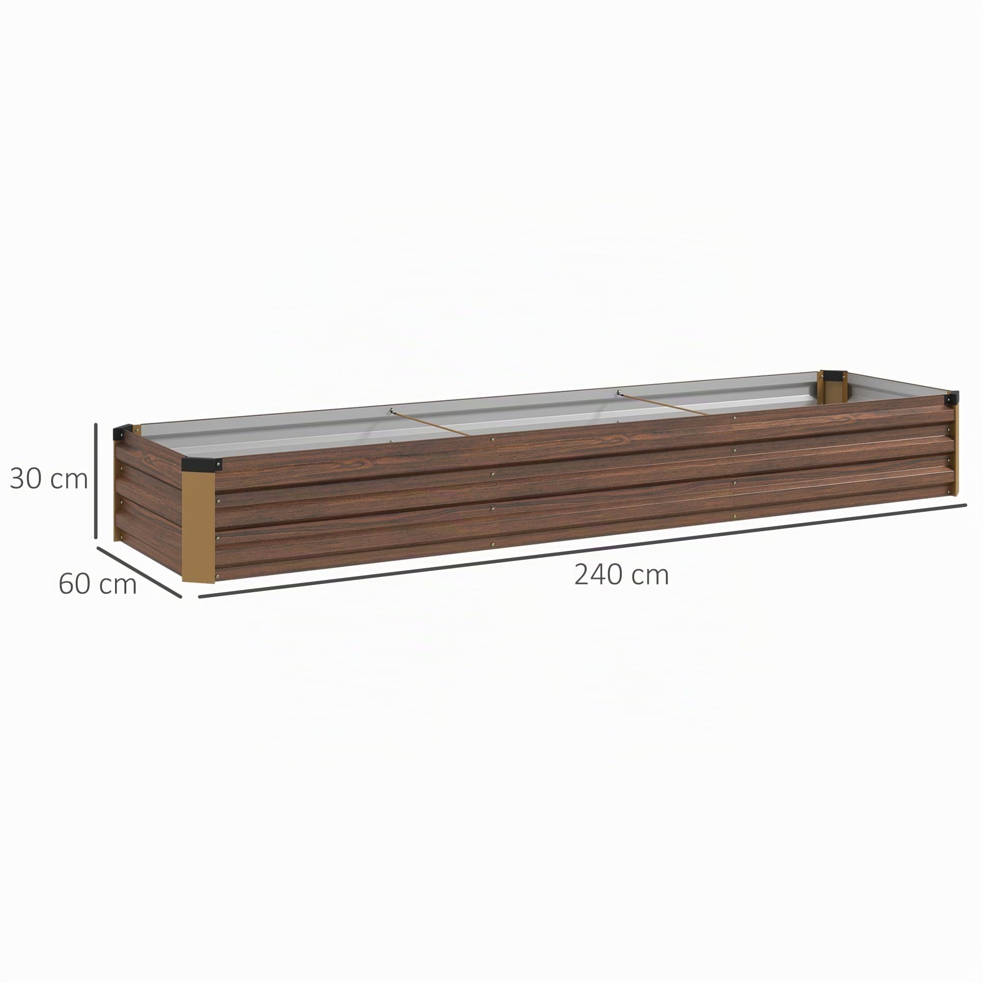 Outsunny Letto per Orto Rialzato 405L 240x60x30 cm Effetto Legno Scuro | da Esterno, Fioriera da Balcone, Acciaio Galvanizzato, Fondo Aperto, per Piante Fiori e Verdure