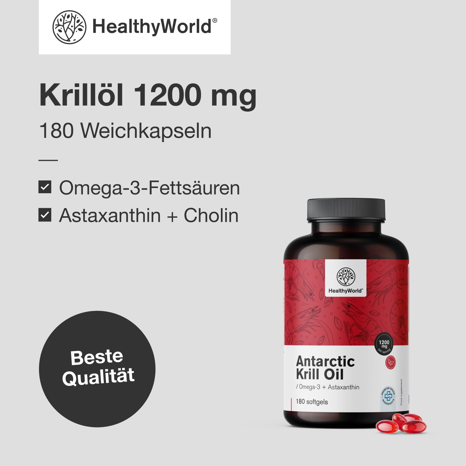 HealthyWorld Olio di Krill 1200 mg - 180 Capsule Molli - Omega-3 + astaxantina - Senza glutine, lattosio e aromi artificiali - Fornitura per 3 mesi - Funzioni cardiovascolari