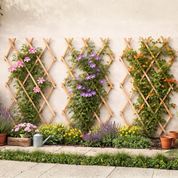 Pack of 3 Wooden Garden Trellis Panels 180 x 90 CM - Expandable Natural Wood Garden Trellis for Climbing Plants - Heavy Duty Outdoor Wooden Expanding Fence for Clematis, Sweet Peas & Vegetables