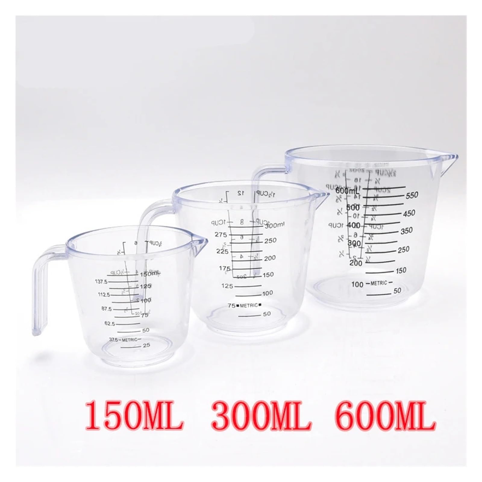 Jarra medidora Vaso medidor de plástico transparente 150/300/600 ml con escala y boquilla vertedora, 3 tamaños, unidades(300ml)