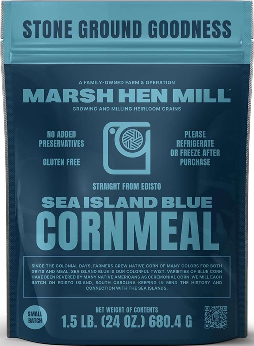 Marsh Hen Mill Sea Island Blue Cornmeal | Corn with Floral Aroma | Perfect Stone Ground Cornmeal for Corn Bread | Traditional Blue Corn Flour | 100% Natural & Gluten Free, 24 oz (Pack of 1)
