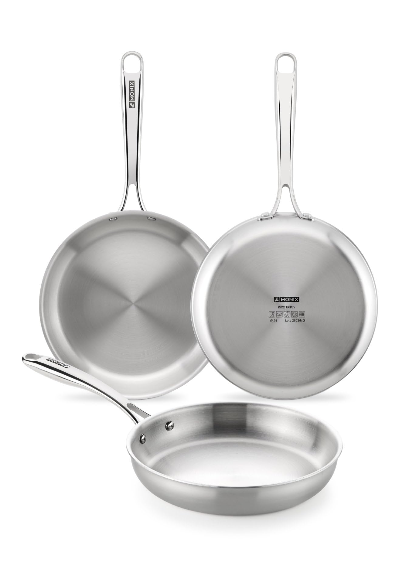 MONIX Planet Inox | Set sartenes 20-24-26 cm, acero inoxidable 18/10 | Acero Inoxidable 18/10, estructura triply acero Inox exterior, núcleo aluminio y acero Inox interior, apta para todo tipo de