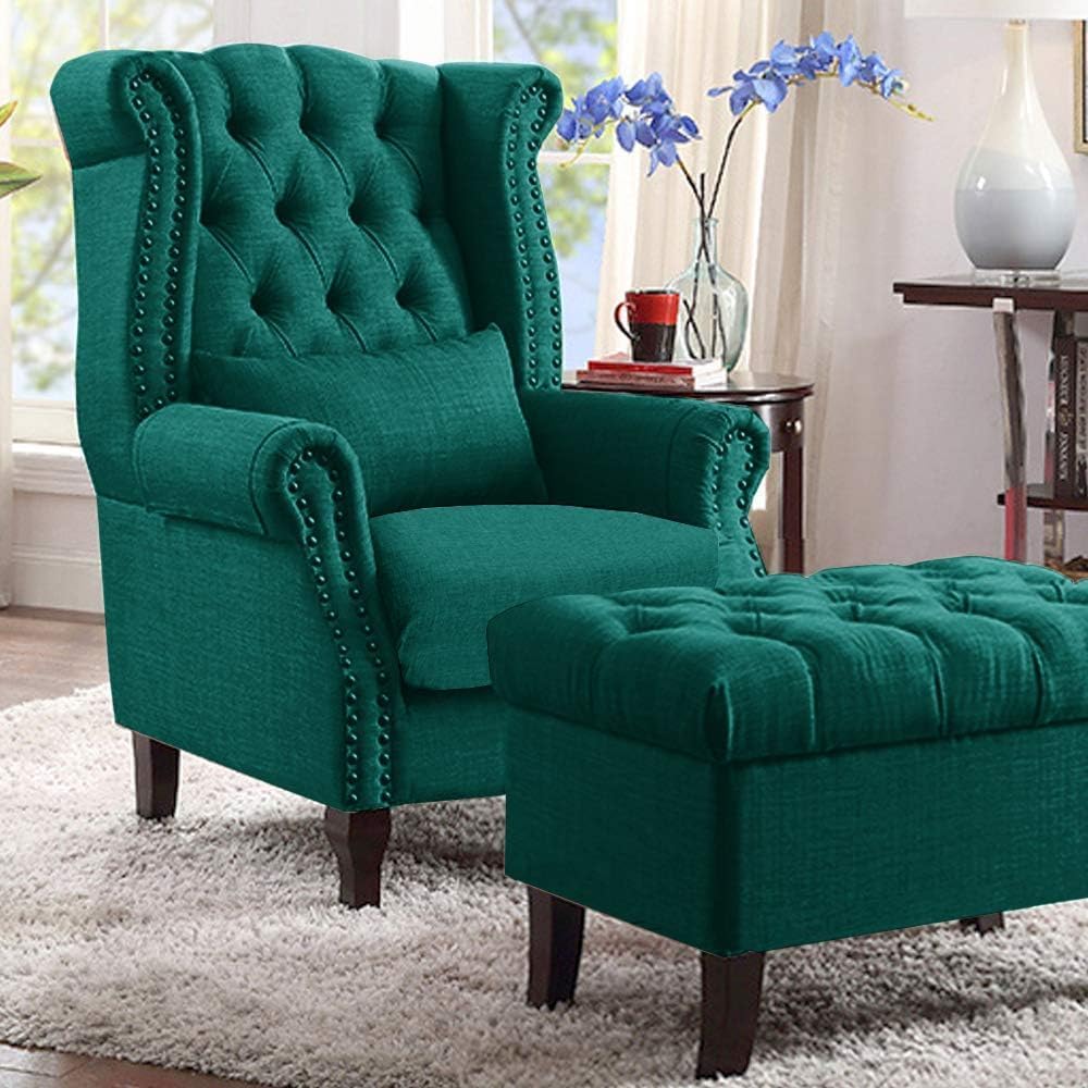 Wood Wing Chair for Living Room with Ottoman |Chair with Foot Rest and Cushion | Wingback Chair for Livingroom, Bedroom, Office (Design5, Green)-image-31