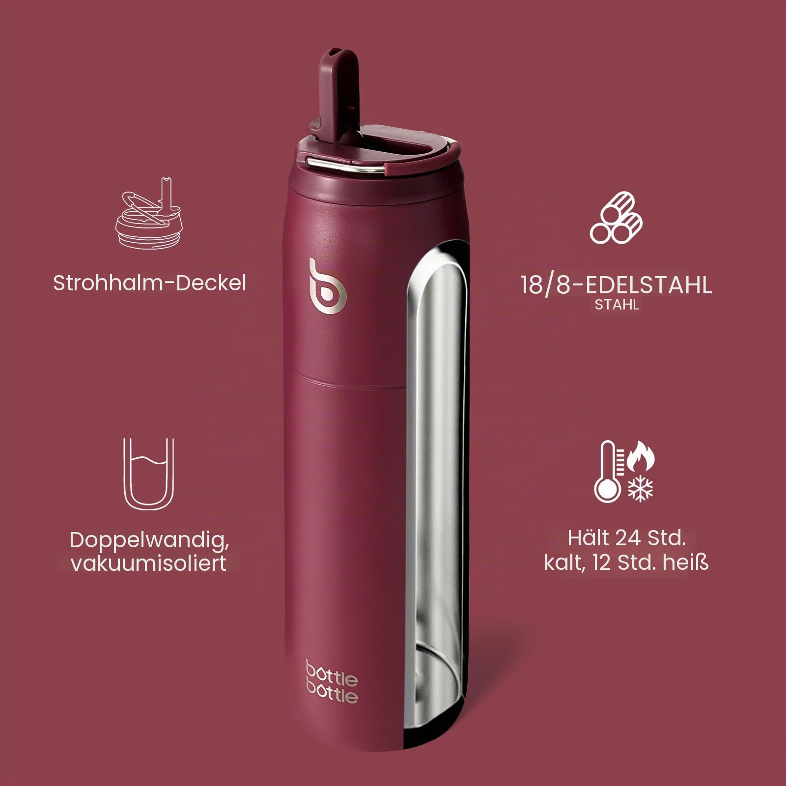 BOTTLE BOTTLE Isolierte Wasserflasche Edelstahl 32oz(946ml) mit Strohhalm Griff für Sport, Reisen, Fitnessstudio, doppelwandig auslaufsicher, BPA-frei (Rot)