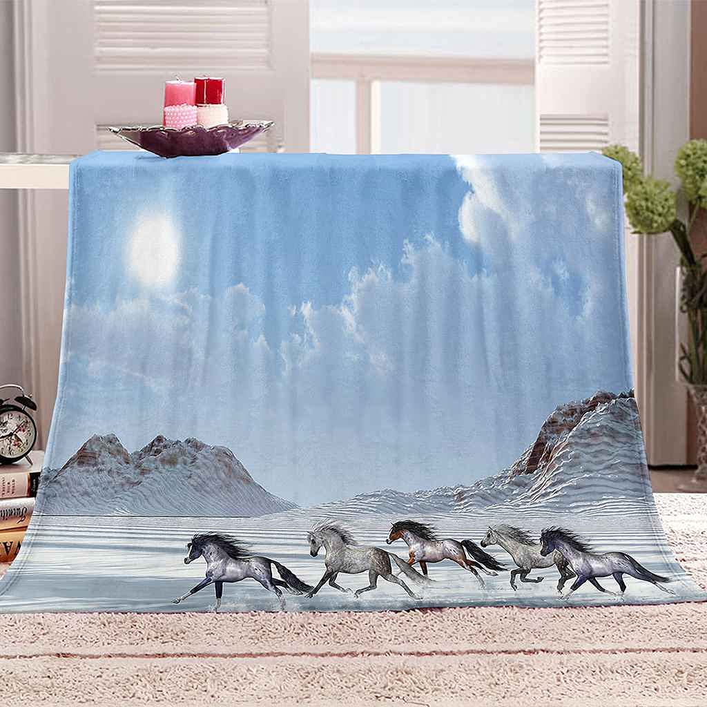 Couverture flanelle cheval 150x200 cm plaid microfibre 3D pour lit et canapé