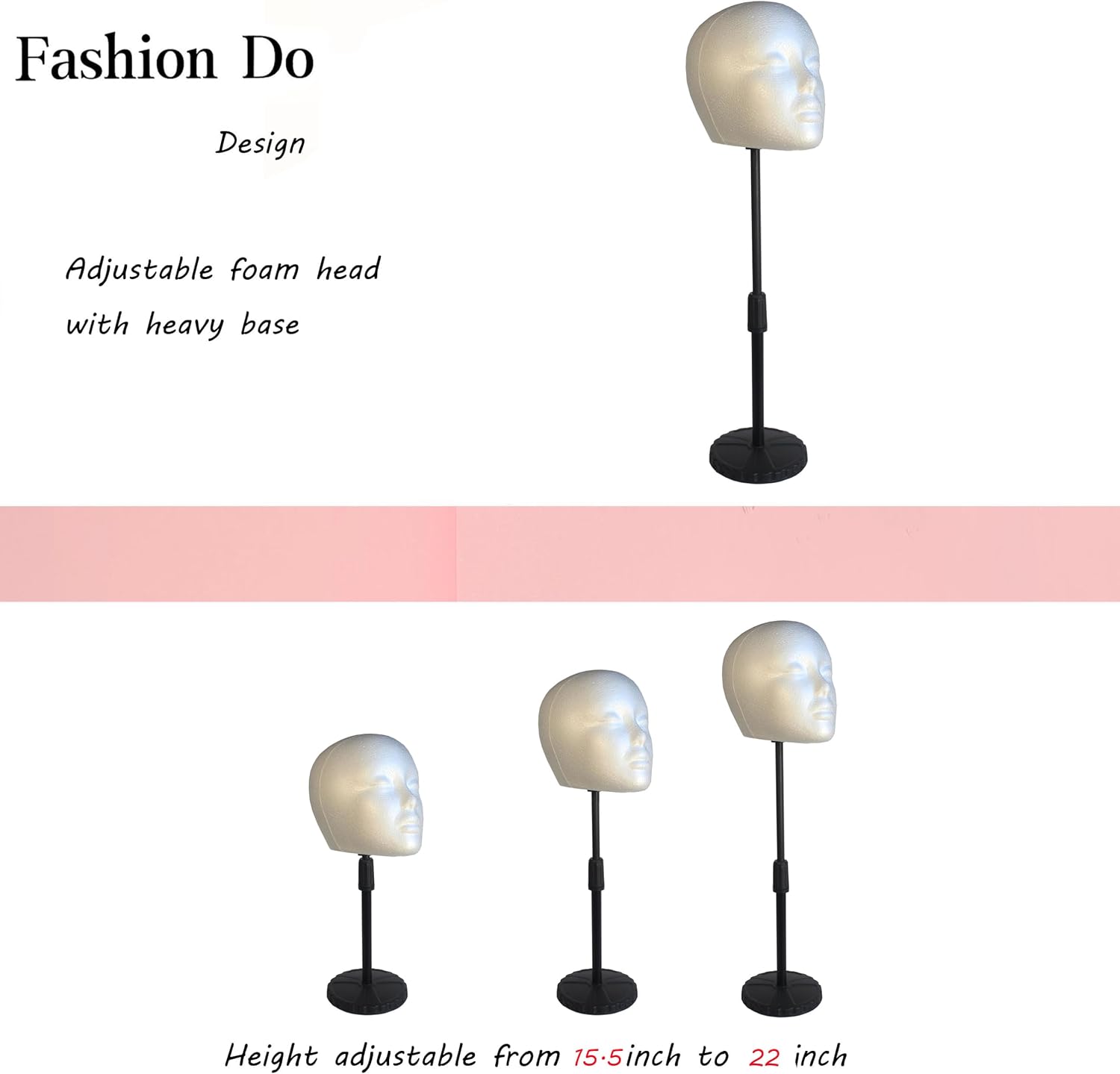 2 PACKS 22 inch tall high Adjustable wig or hat styrofoam female mannequin head holder stand (15.5”to 22”) (ADTALL01)