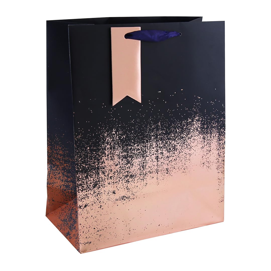 Large Navy Gift Bag with Distressed Copper Design – 33cm Paper Gift Bag with Ribbon Handles & Name Tag for Birthday, Celebration or Special Occasion