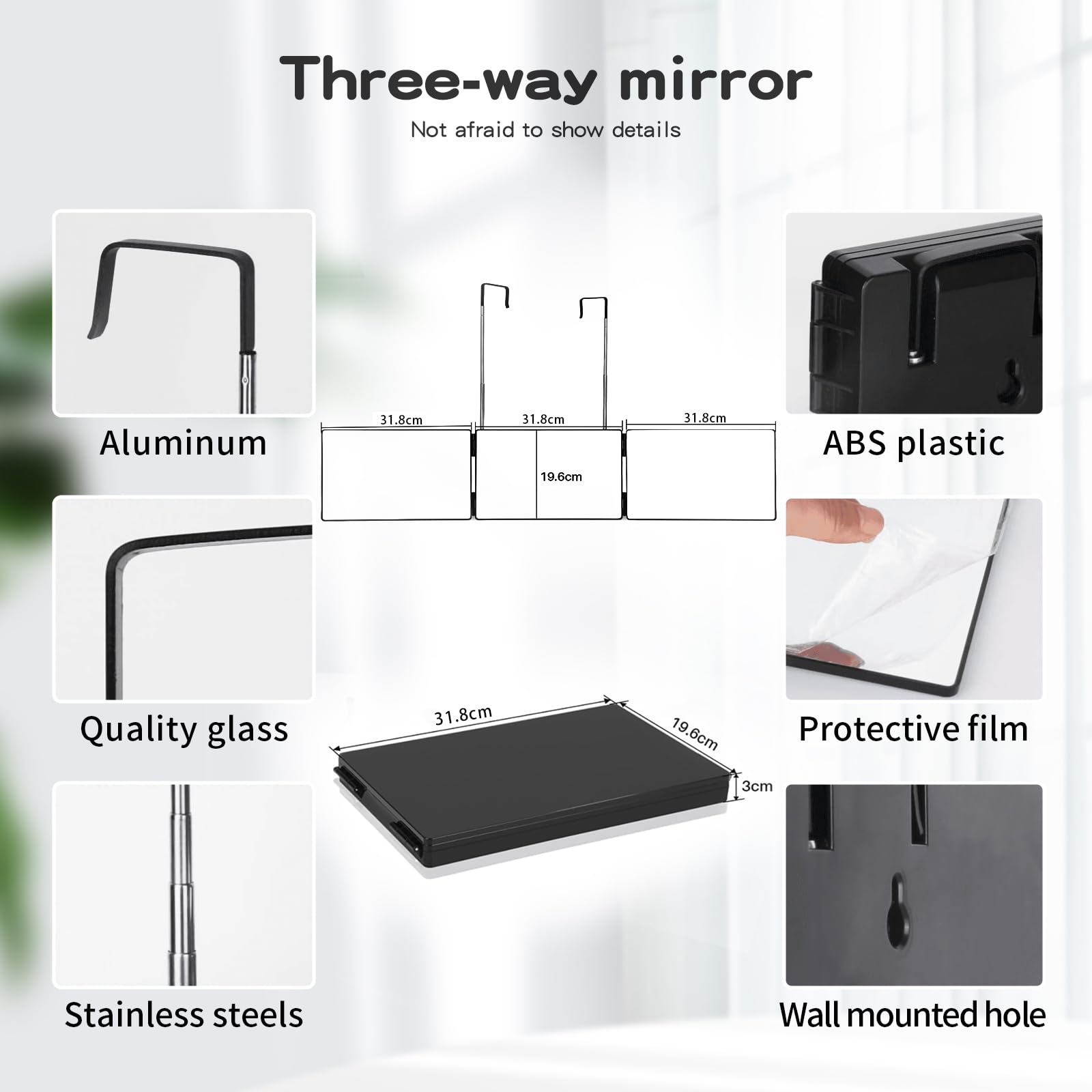 Specchio Da Barbiere A 5 Vie Con Luce LED – 360°, Altezza Regolabile, Pieghevole, Per Taglio Capelli E Trucco, Nero/Bianco