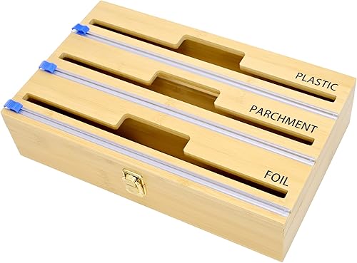 UOIENRT Organizador de papel de aluminio y plástico, dispensador de plástico de bambú 3 en 1 con cortador, organización y almacenamiento de papel de