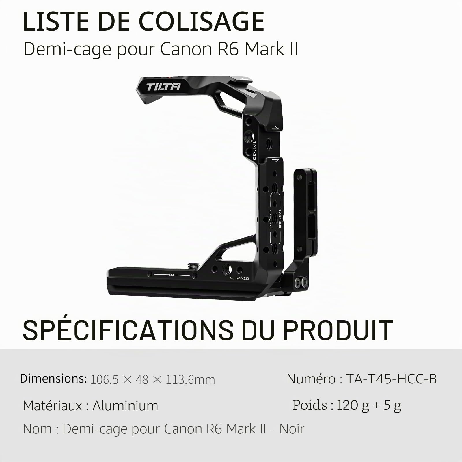 Tilta Demi cage pour caméra R6 Mark II avec rail NATO, griffe froide, broches de localisation filetées de 6,35 mm – Noir TA-T45-HCC-B