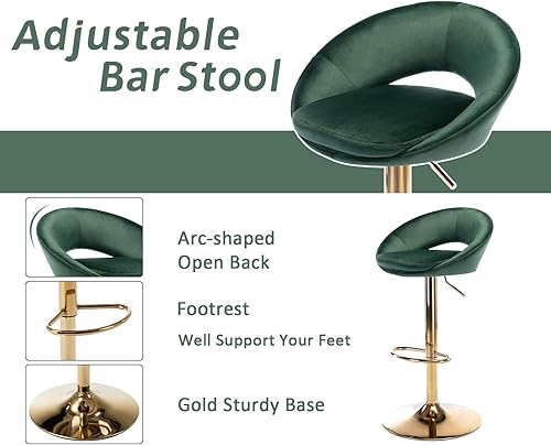 Miniatura 4 de Juego de 2 taburetes de bar giratorios de terciopelo, modernos taburetes de bar ajustables de altura de mostrador, sillas de isla acolchadas