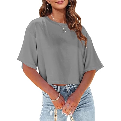 Tankaneo Women Half Sleeve Cropped T-Shirts Drop Shoulder Round Neck Crop Tops Casual Summer Solid Color Basic Tees