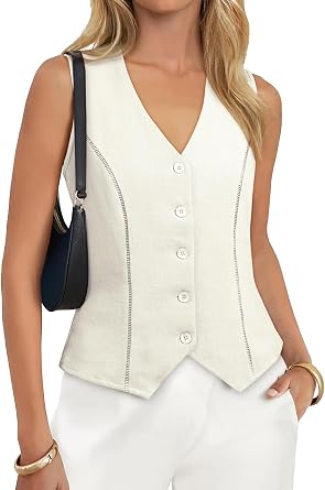 BLENCOT Linen Vest Tops for Women Slim Fitted Sleeveless Button Down Work Blazer Waistcoat Going Out Tops for Office