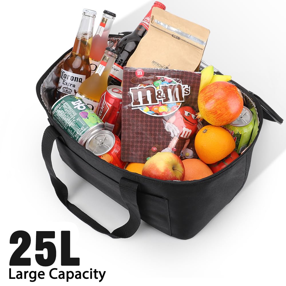 Sac à provisions, sac isotherme, sac thermique pliable, robuste, avec sac de transport à fermeture éclair pour les rassemblements, les pique-niques et les achats (22 L, Noir).