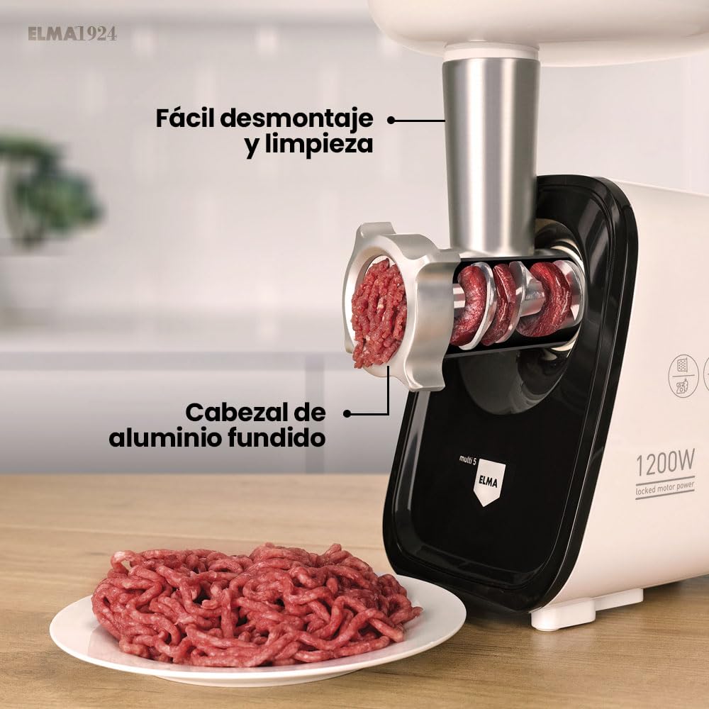ELMA Picadora de carne eléctrica MULTI5 – Máquina Multifunción 5 en 1 | 350 W, Cabezal de Aluminio, Función Reverse, Accesorios Incluidos