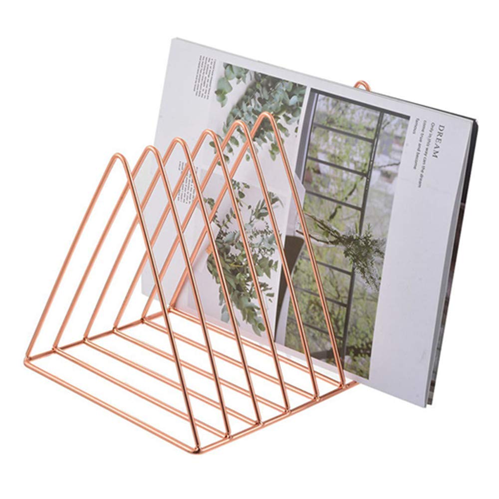Magazine Rack Book Record Holder, Desktop Iron Storage Rack Bookshelf Multifunction Triangle File Organizer Decor Home Office (Rose gold)