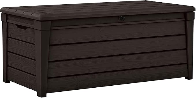 Keter Outdoor Storage Deck Box, Waterproof Patio & Pool Bin, Large, 120 Gallon, Brown - Backyard Furniture, Container Bench for Packages or Towels