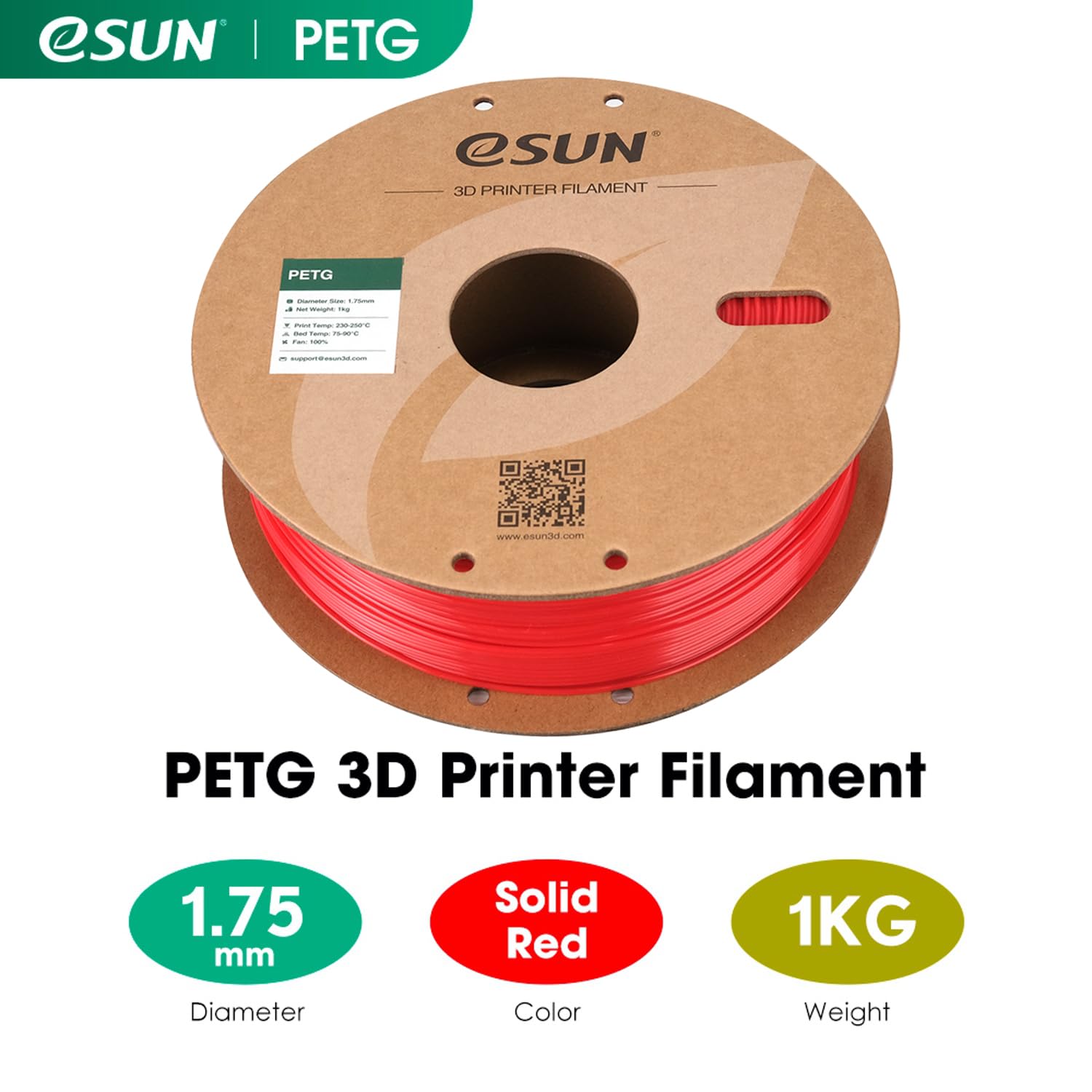 eSUN Filamento PETG 1.75mm, Filamento per Stampante 3D PETG, Precisione Dimensionale +/- 0.05mm, Bobina da 1kg (2.2 libbre) Filamento per Stampa 3D per Stampanti 3D, Rosso Solido