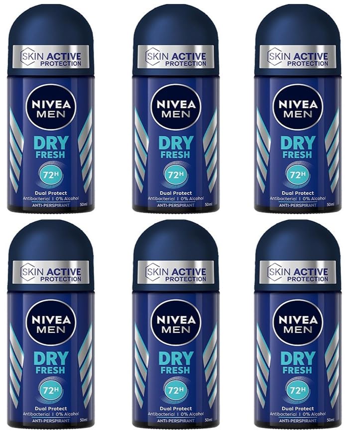 6x NIVEA MEN Dry Fresh Deo Roll-On (Skin Active Protection) mit Dual Active Formel,Anti-Transpirant Deodorant für 72h intensive Frische auf der Haut,ohne Alkohol,50ml (6er Pack)