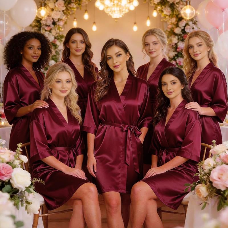Image of Women's Bride Bridesmaid Robes Short Satin One Size Silver Rhinestones Wedding Party Getting Ready Sleepwear