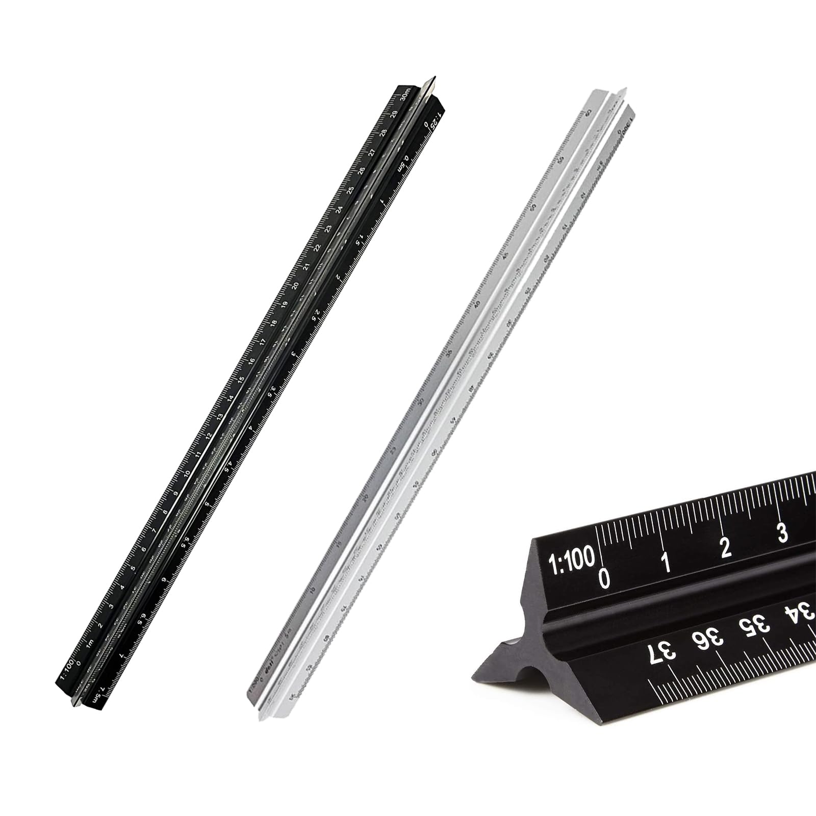Architectural Scale Ruler 2Pcs, Aluminum Triangular Scale Ruler Metric 1:20, 1:25, 1:50, 1:75, 1:100