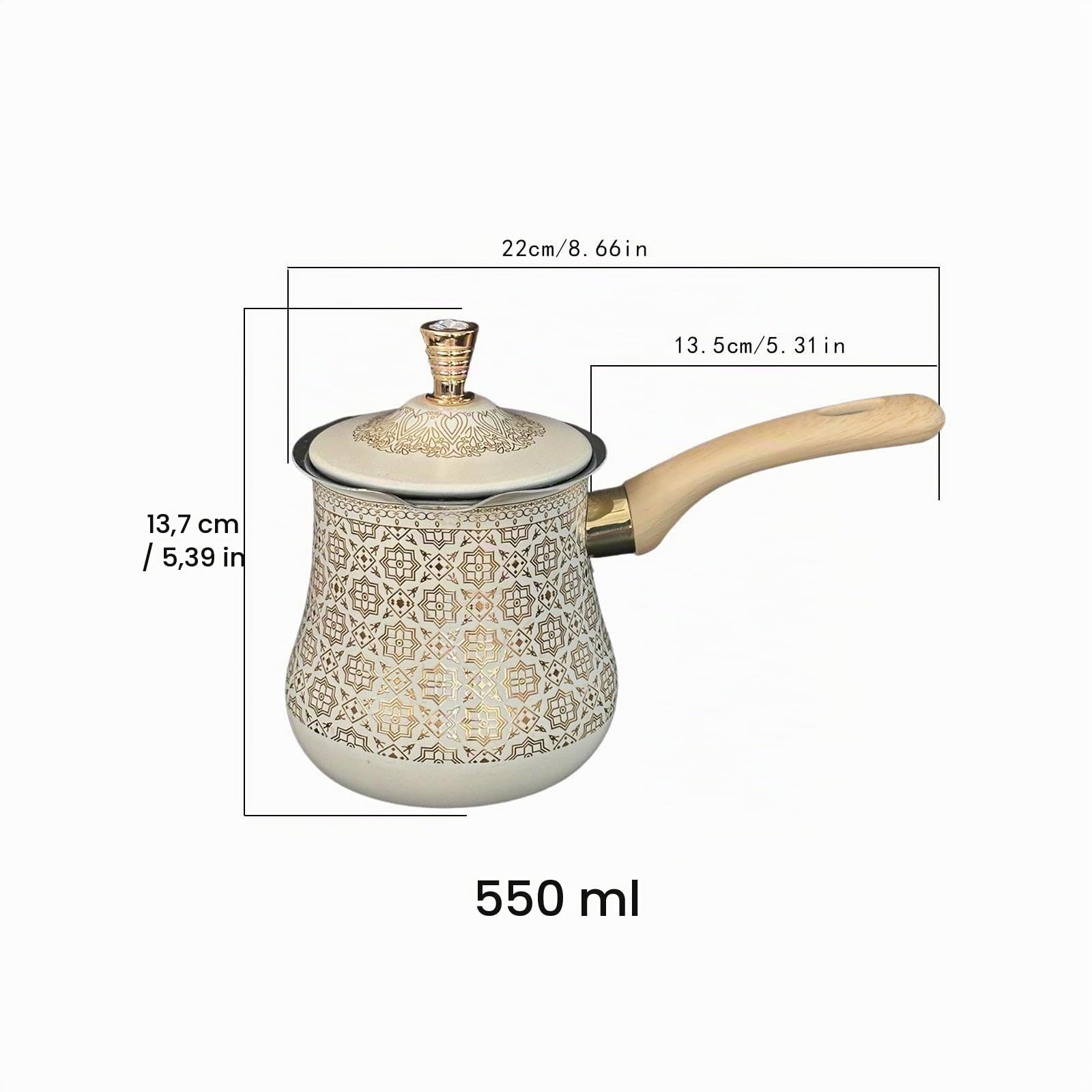 Edelstahl Induktionskanne Mokkakanne Türkische Kaffeekanne, Gießkanne mit Deckel und Ausguss, hitzebeständig, Türkische Kaffeekanne für Zuhause, Café, Restaurant, Camping, Gold Muster 550 ML
