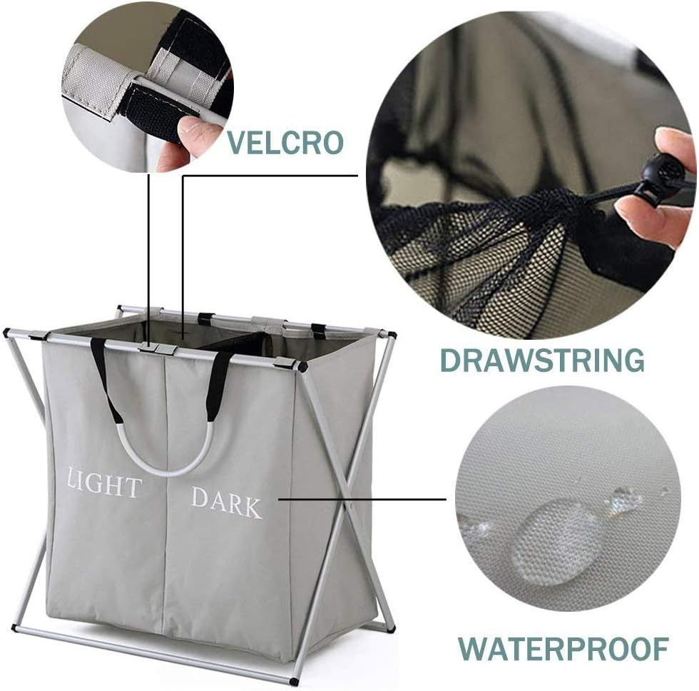 HYNAWIN Double Laundry Hamper with Waterproof Bags,Folding X-Frame 2 Sections Dirty Laundry Basket for Apartment Home College Use