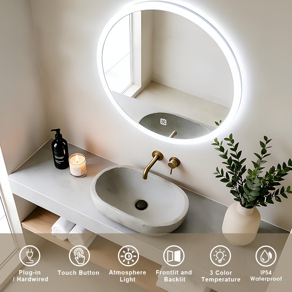 20 Inch Round LED Bathroom Mirror with Frontlit and Backlit, Lighted Vanity Bathroom Mirror, Stepless Dimmable & 3 Colors (3000K/4000K/6000K), IP54 Waterproof