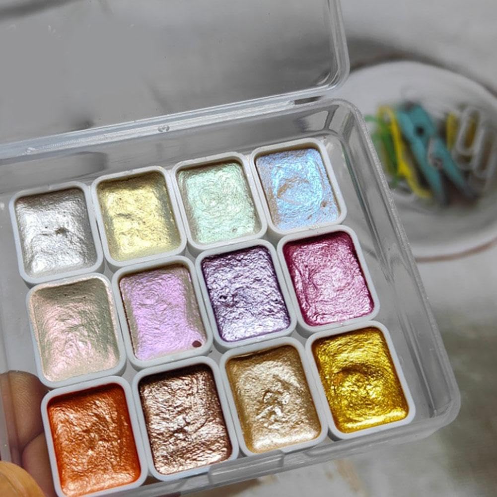 EIRZNGXQ Metallic Watercolor Paint Set, Pearlescent and Glitter Watercolour Solid Box, Portable Art Kit for Beginners Drawing