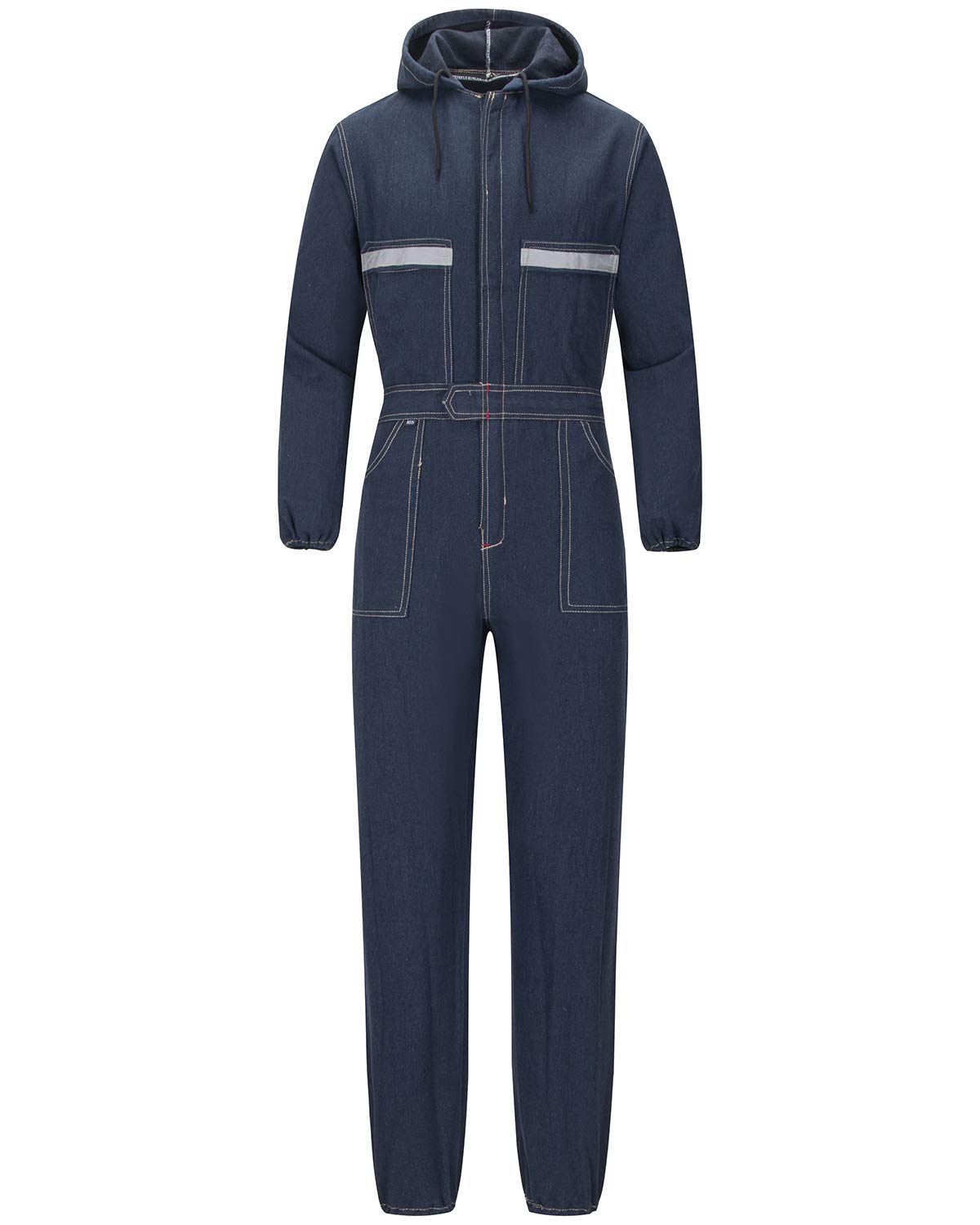 Incappucciato Tuta da Meccanico Divisa Lavoro con Zip Intera Operai Cover Tuta Intera da Lavoro Blu Denim