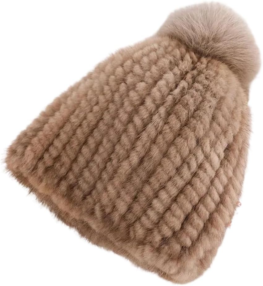 Women Mink Fur Thicken Fur Knitted with Pompoms Beanies Hat Caps