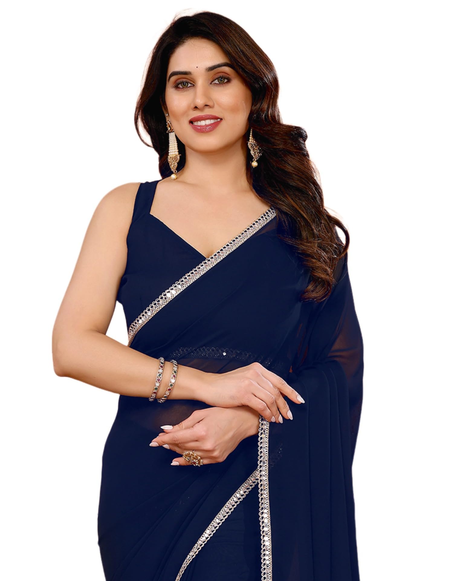 Women's Georgette Mirror Work Lace Saree With Unstitched Blouse Piece-image-42