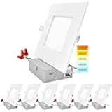 6 Inch Ultra Thin Square LED Recessed Lighting, 5 Color Temperature Options 2700K - 5000K, Dimmable Downlight, 12W, IC & Wet Rated, 1000 Lumens, Canless LED Recessed Light (6 Pack)