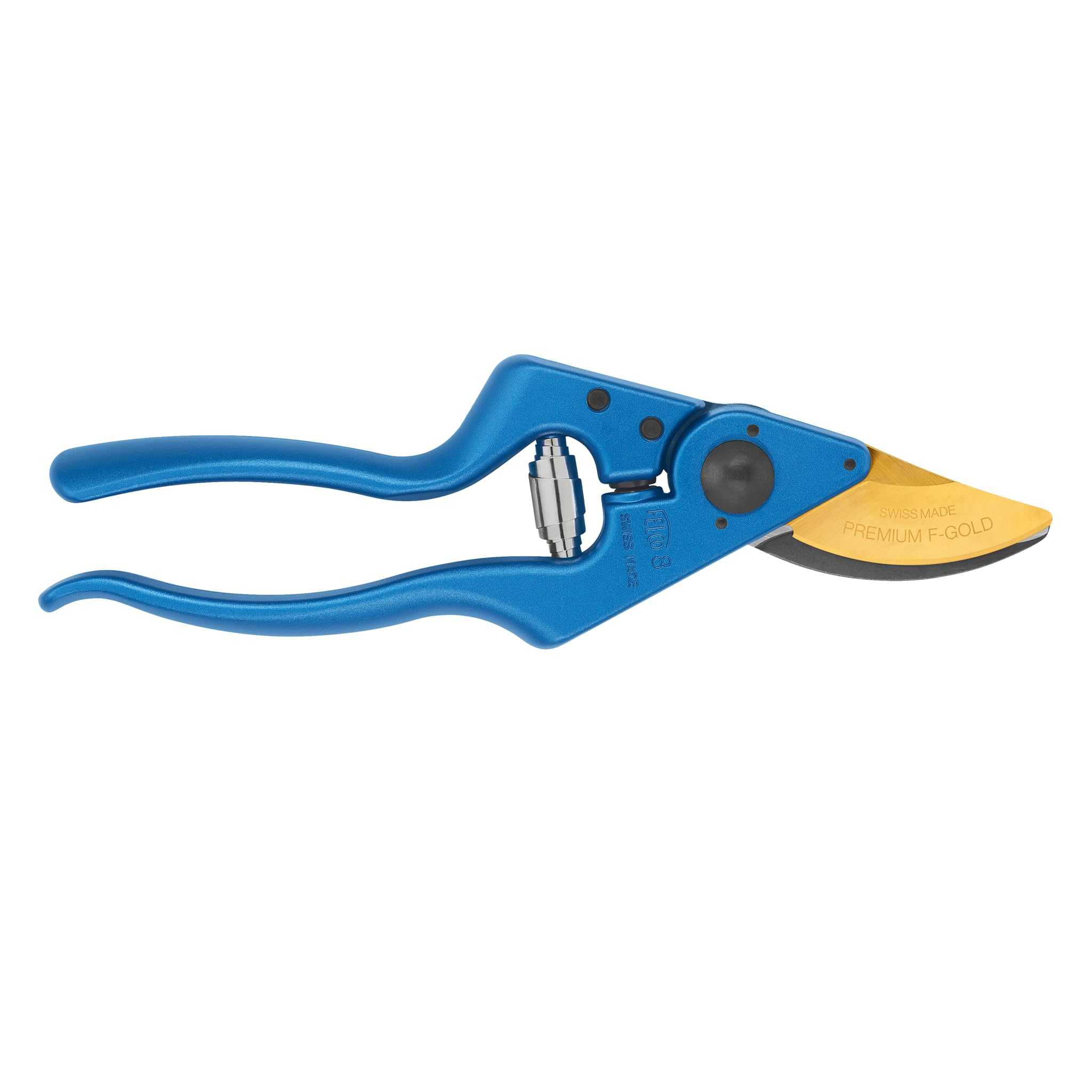 FELCO 8 Gartenschere Klinge F-Gold/Blaue Griffe – Rechtshänder, kompakt und langlebig, AuCo-Klinge korrosionsbeständig, 25 mm Schnitt, geschmiedete Griffe, Swiss Made