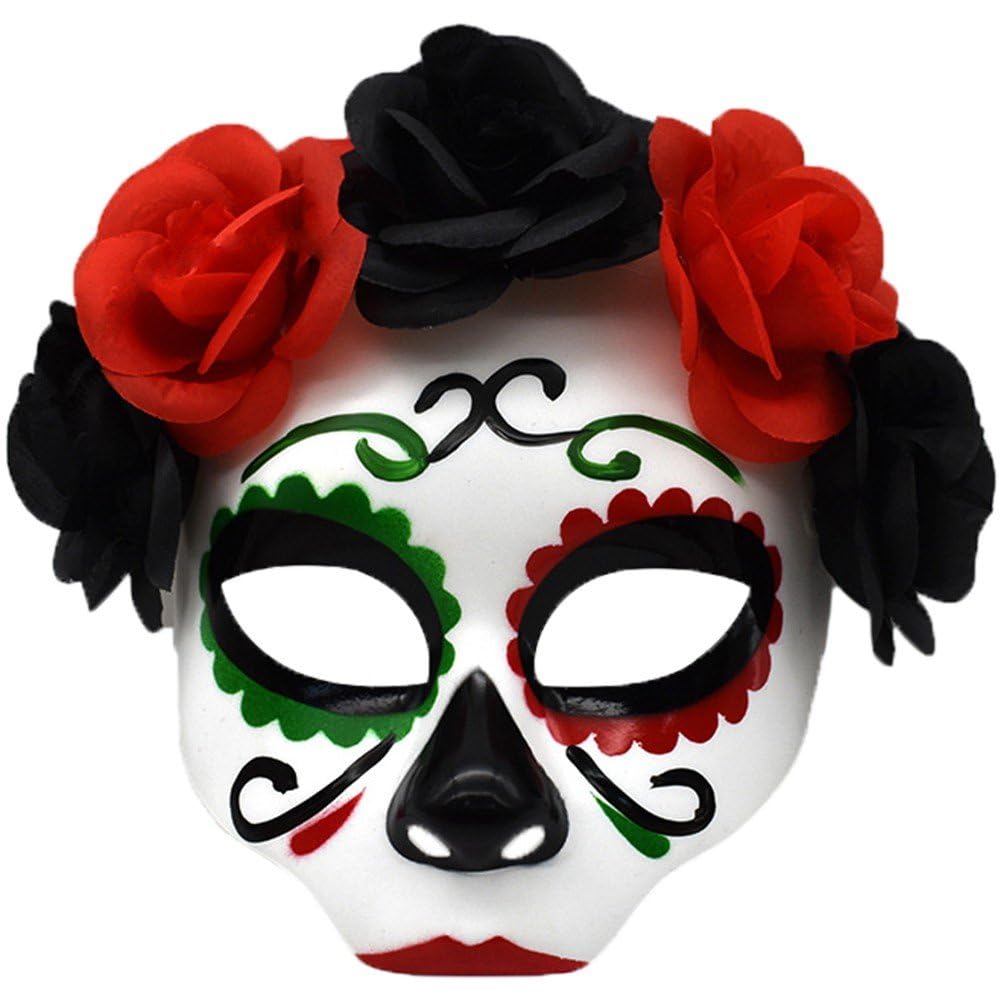Luxylei Day of the Dead Sugar Skull Mask Halloween Full Face Mask Women Zombie Skeleton Bone Flower Leaf Masquerade Party Mask