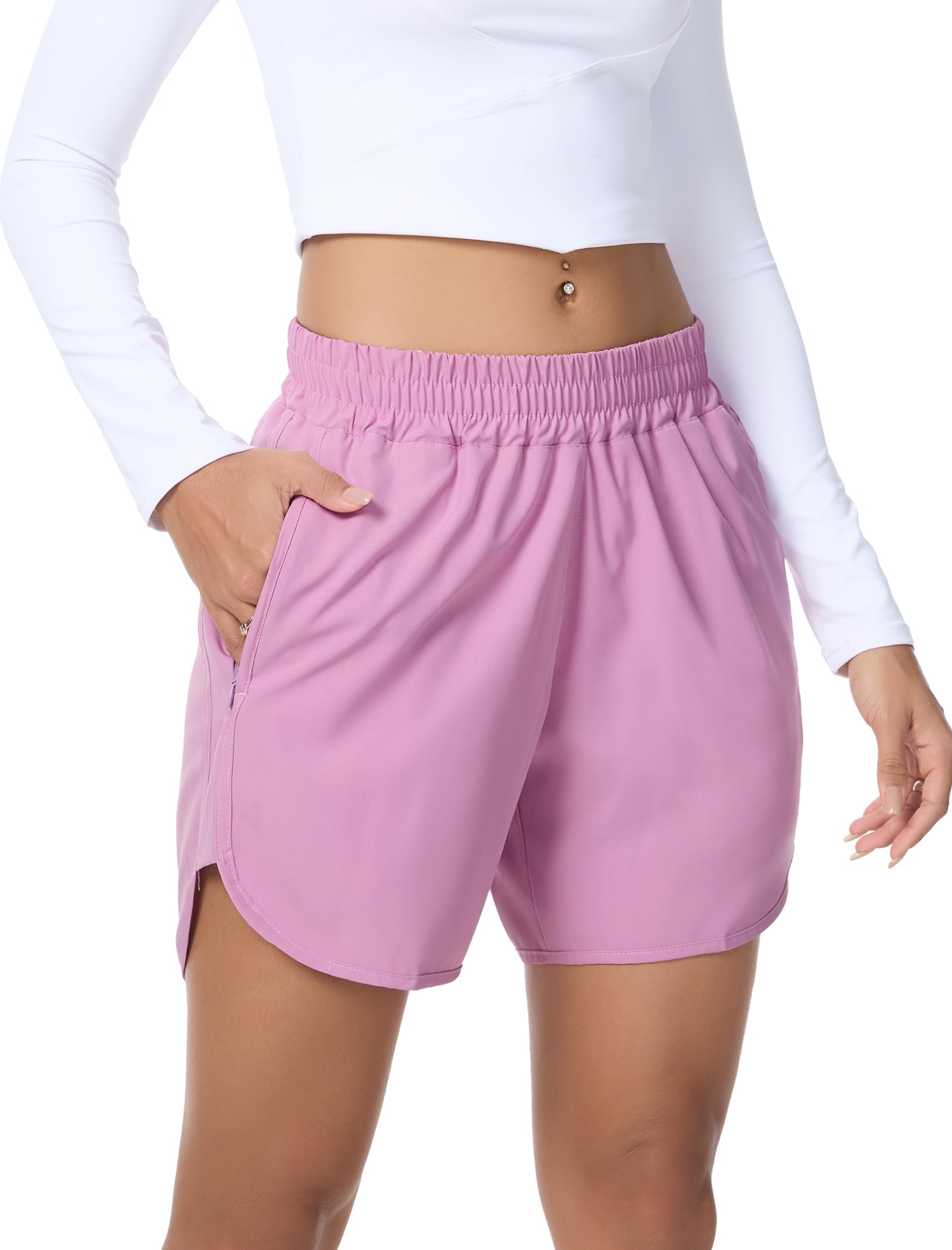 SILKWORLD Women's Running Shorts Hight Waist 5" Summer Athletic Gym Workout Fashion Short with Liner and Zipper Pockets