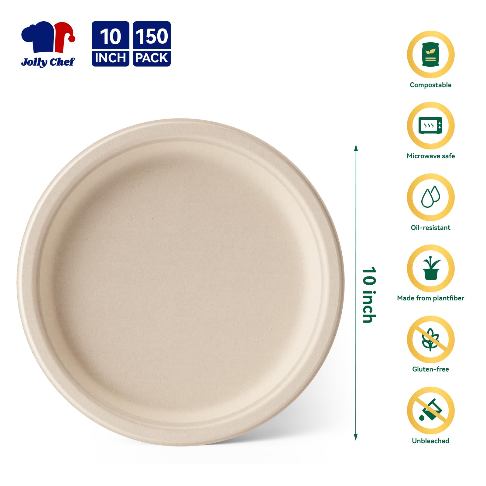 Platos de papel desechables compostables resistentes de 10 pulgadas, paquete de 150 unidades | Natural Plates - Bandejas redondas biodegradables de bagazo para fiestas, cenas, alimentos fríos y calientes (marrón)