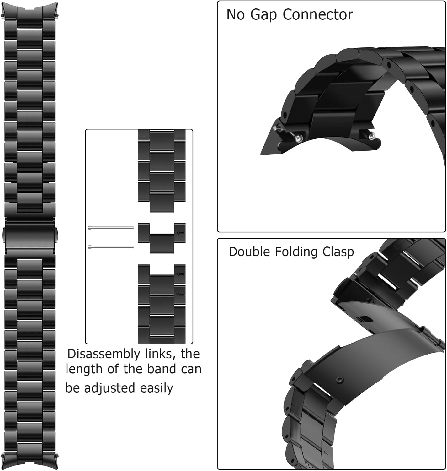 Anlinser No Gap Bands Compatible with Samsung Galaxy Watch 7/6/5/4/FE Band 44mm 40mm/Watch 6 Classic Band 47mm 43mm/Watch 5 Pro 45mm/Watch 4 Classic, 20mm Metal Strap for Women Men, Black - Image 3