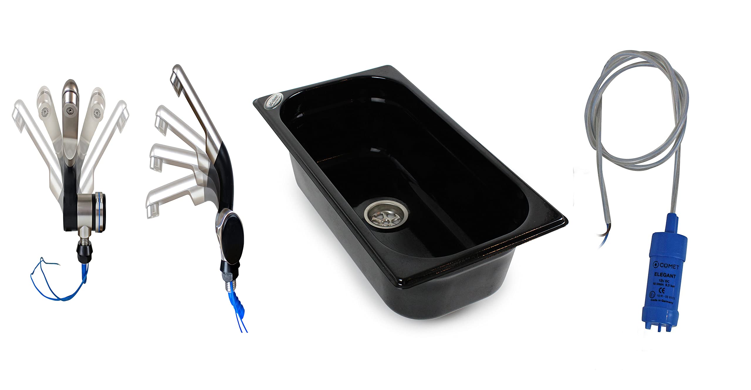 Edelstahl Spülbecken Dunkel Camping Spüle Waschbecken + Ablauf 325x176x100 mm + 12V Automatikwasserhahn Barwig Chrom/Schwarz + 12V Tauchpumpe 10L/min. (ad-ideen)