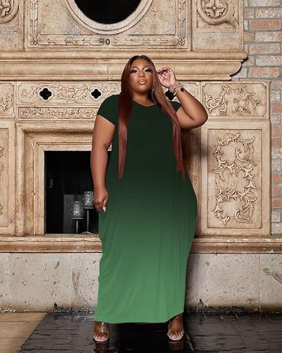 Tycorwd Women's Plus Size Casual Maxi Dresses Short Sleeve Loose Beach Dress Sundress With Pockets Dark Green Gradient-5Xl #TOP2